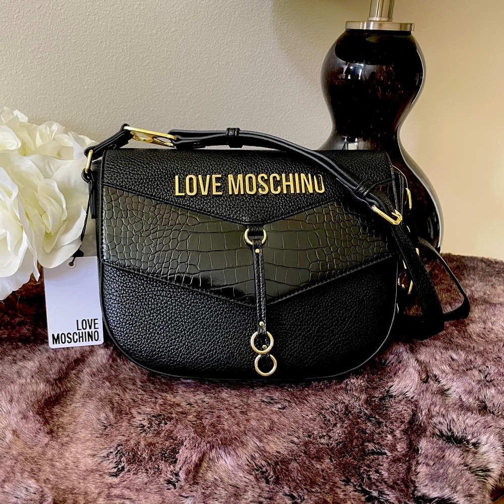 Love Moschino Borsa PU + Croco Pu Nero Elegant Gold Logo Crossbody Bag  New!